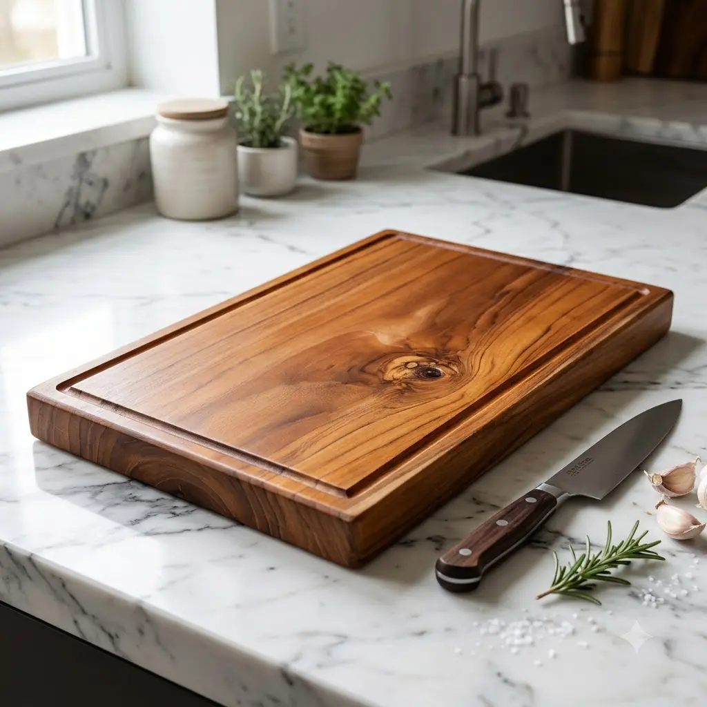 Wooden cutting board on marble – Single Block Teak Wood Butcher Block