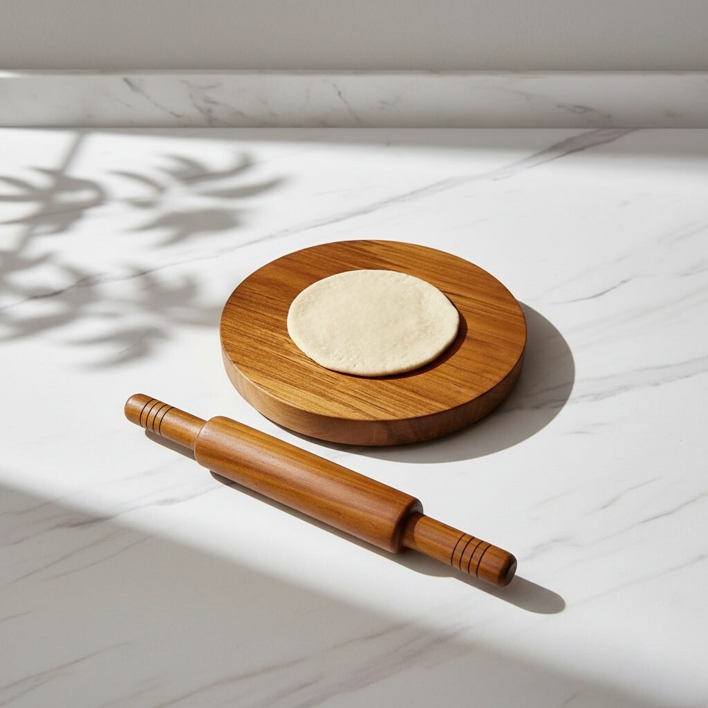 Traditional 12-inch wooden chakla and belan set with rolling board and rolling pin for Indian flatbreads