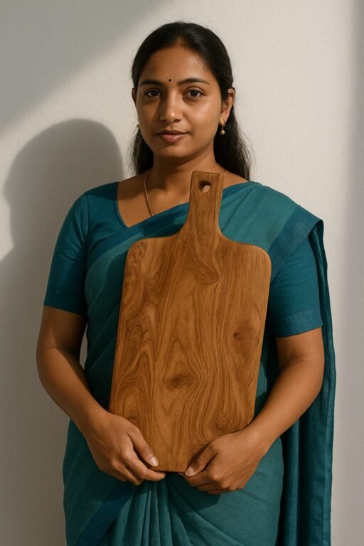 "Lady holding elegant teak wood charcuterie board with assorted gourmet cheeses and meats"