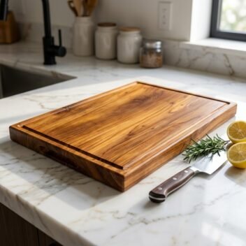 Wooden cutting board on marble – Teak Wood Carving Board