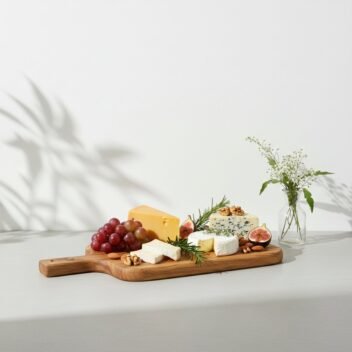 Elegant teak wood cheese board by Amra Farms – premium wooden serving tray and cutting board for cheese, snacks and fruits