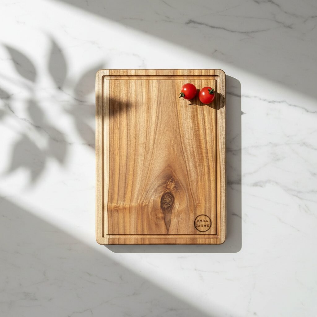 Amra Farms thick teak wood cutting board with built-in handle and deep juice grooves for meat and vegetable prep