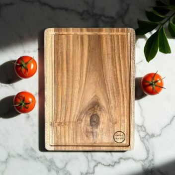 Amra Farms thick teak wood chopping board with built-in handle and juice grooves for meat and vegetable cutting