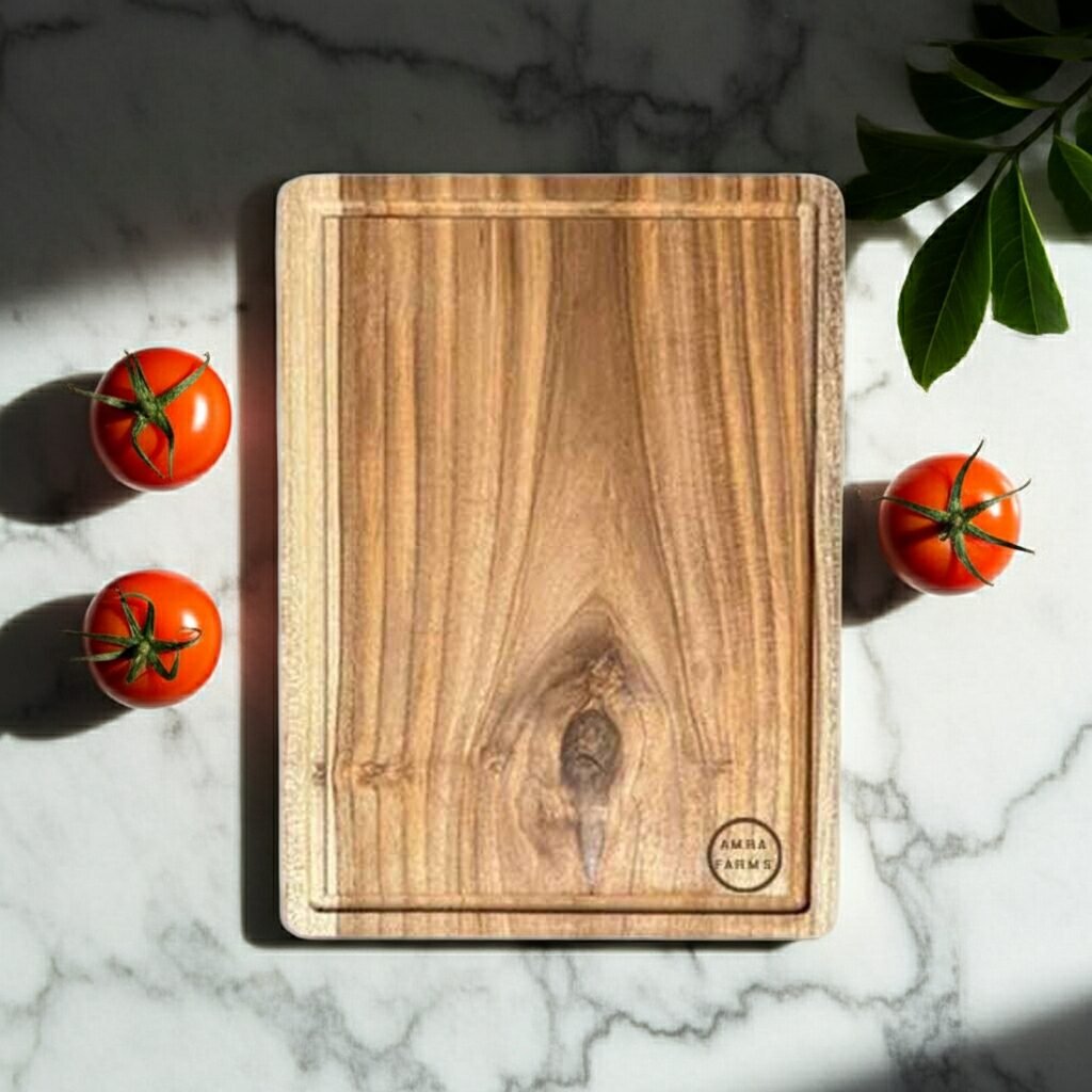 amra farms thick teak wood chopping board heavy duty wooden cutting board with juice grooves easy grab handle for meat veggies kitchen prep Amra Farms thick teak wood chopping board with built-in handle and juice grooves for meat and vegetable cutting