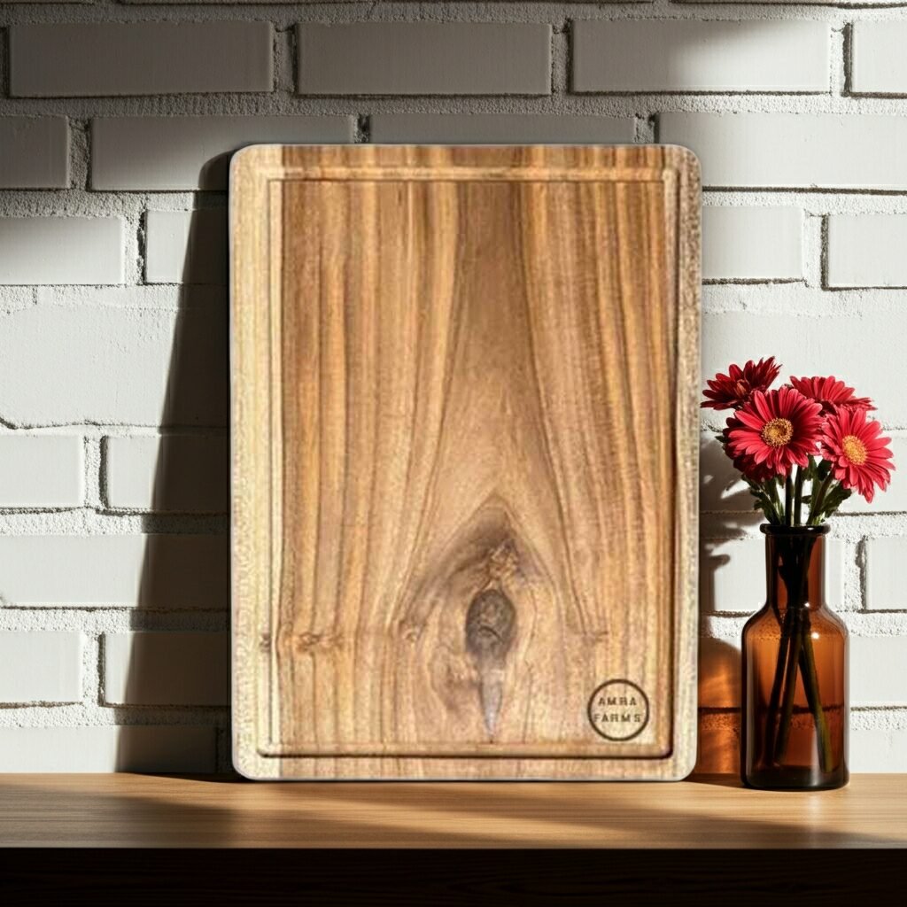 amra farms thick teak wood chopping board premium heavy duty cutting board with built in handle juice grooves for meat vegetables daily kitchen use Thick teak wood chopping board by Amra Farms with built-in handle and juice grooves for meat and vegetable cutting