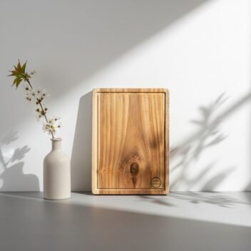 Thick teak wood chopping board with built-in handle and juice grooves by Amra Farms – premium wooden cutting board