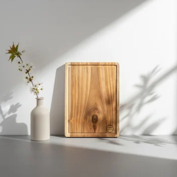 Thick teak wood chopping board with built-in handle and juice grooves by Amra Farms – premium wooden cutting board