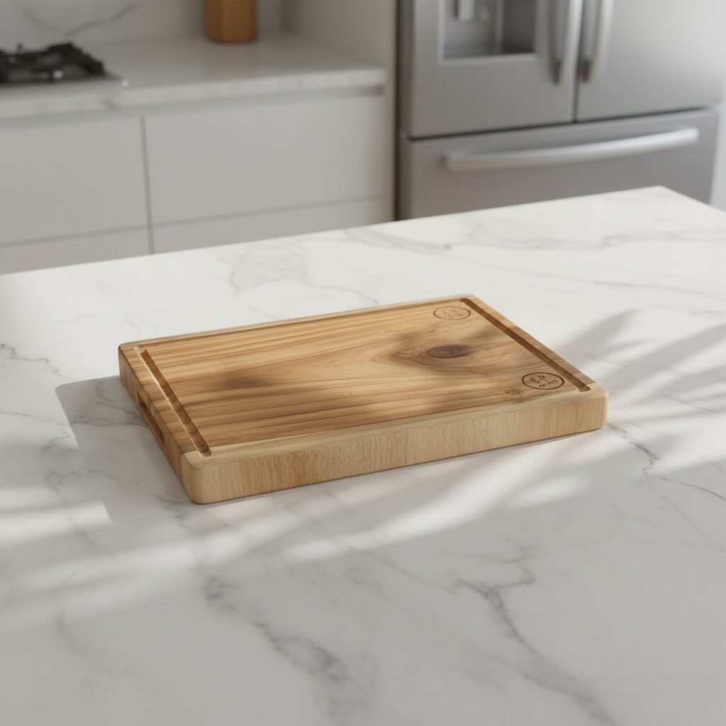 amra farms thick teak wood chopping board premium wooden cutting board with built in handle deep juice grooves for meat vegetables everyday kitchen prep Teak wood thick chopping board with handle and juice grooves by Amra Farms — premium wooden cutting board