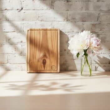 Thick teak wood chopping board with handle and juice grooves by Amra Farms — premium wooden cutting board