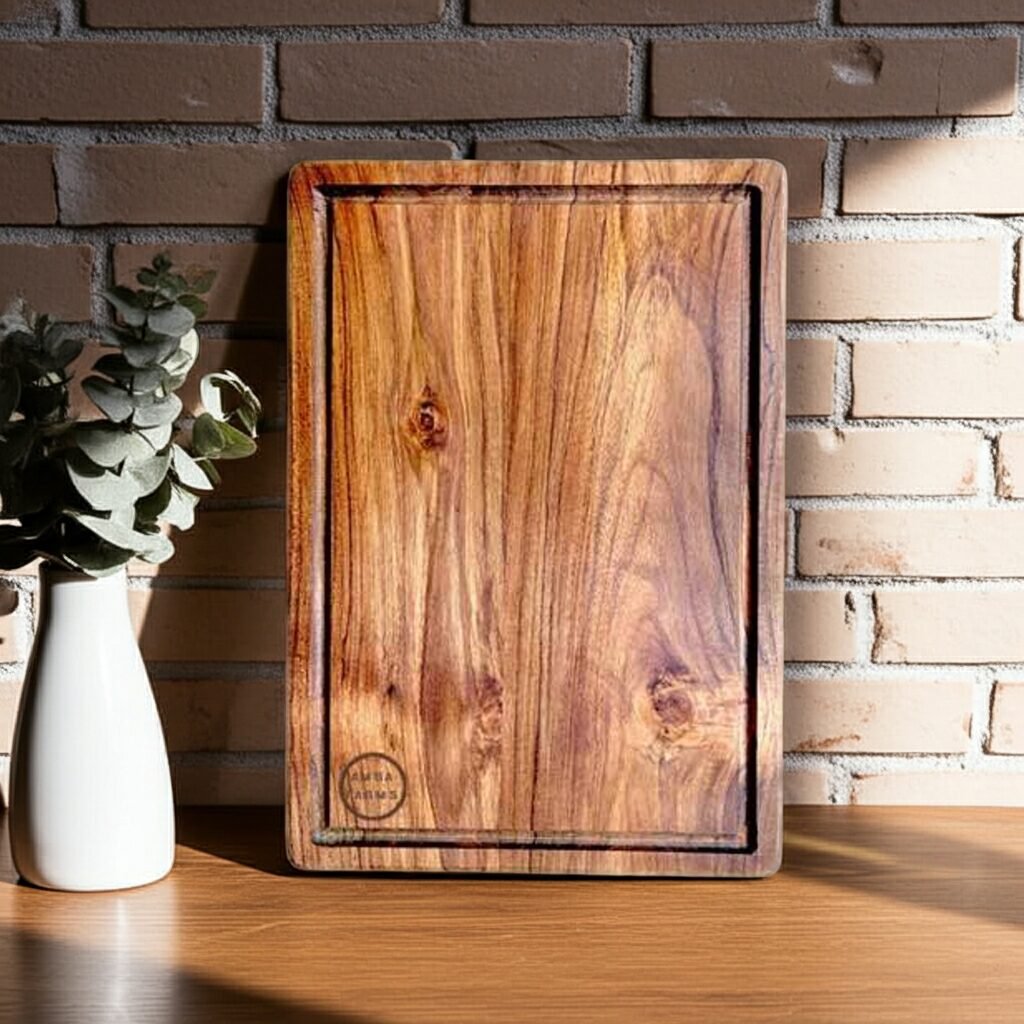 Amra Farms large hardwood teak wood meat chopping board – heavy-duty wooden butcher block for meat and vegetable preparation