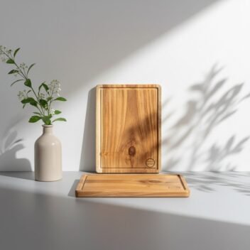 Amra Farms thick teak wood chopping board with built-in handle and juice grooves – premium wooden cutting board for meat and vegetables