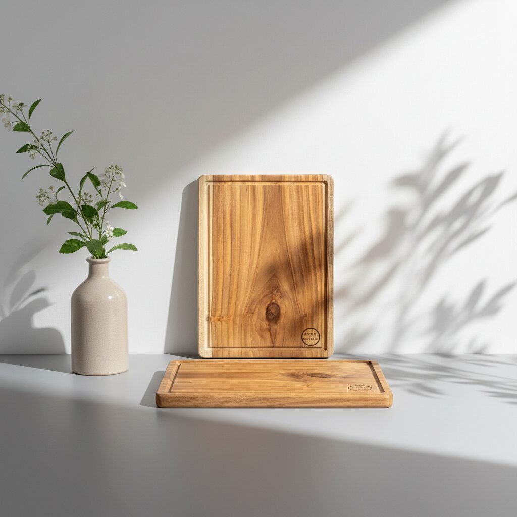 Amra Farms thick teak wood chopping board with built-in handle and juice grooves – premium wooden cutting board for meat and vegetables