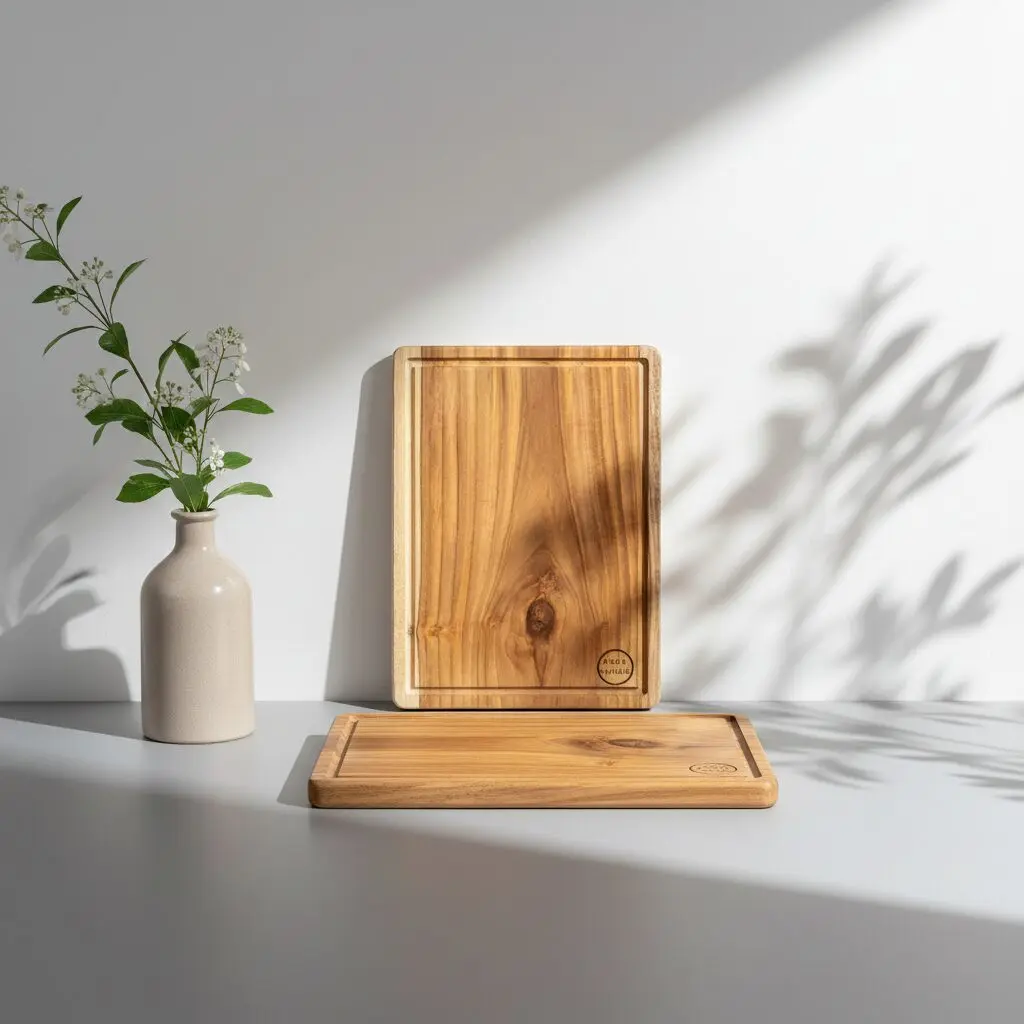 Amra Farms thick teak wood chopping board with built-in handle and juice grooves – premium wooden cutting board for meat and vegetables