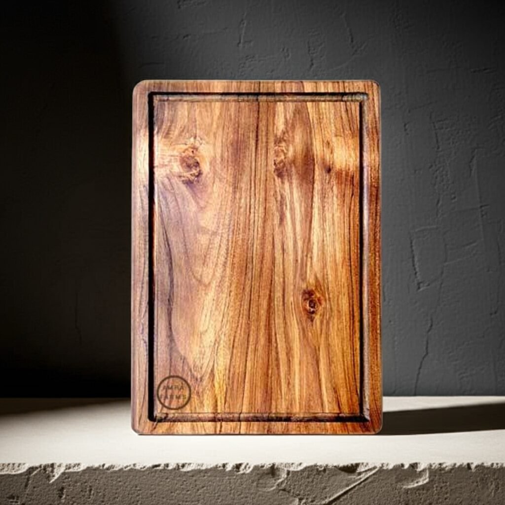 Amra Farms Solid Teak Wood Cutting Board with Juice Grooves – Durable Handcrafted Hardwood Kitchen Board for Meat, Vegetables & Bread