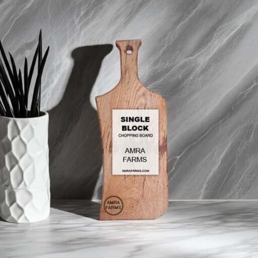 "Compact wooden cutting board with handle for kitchen prep and serving"