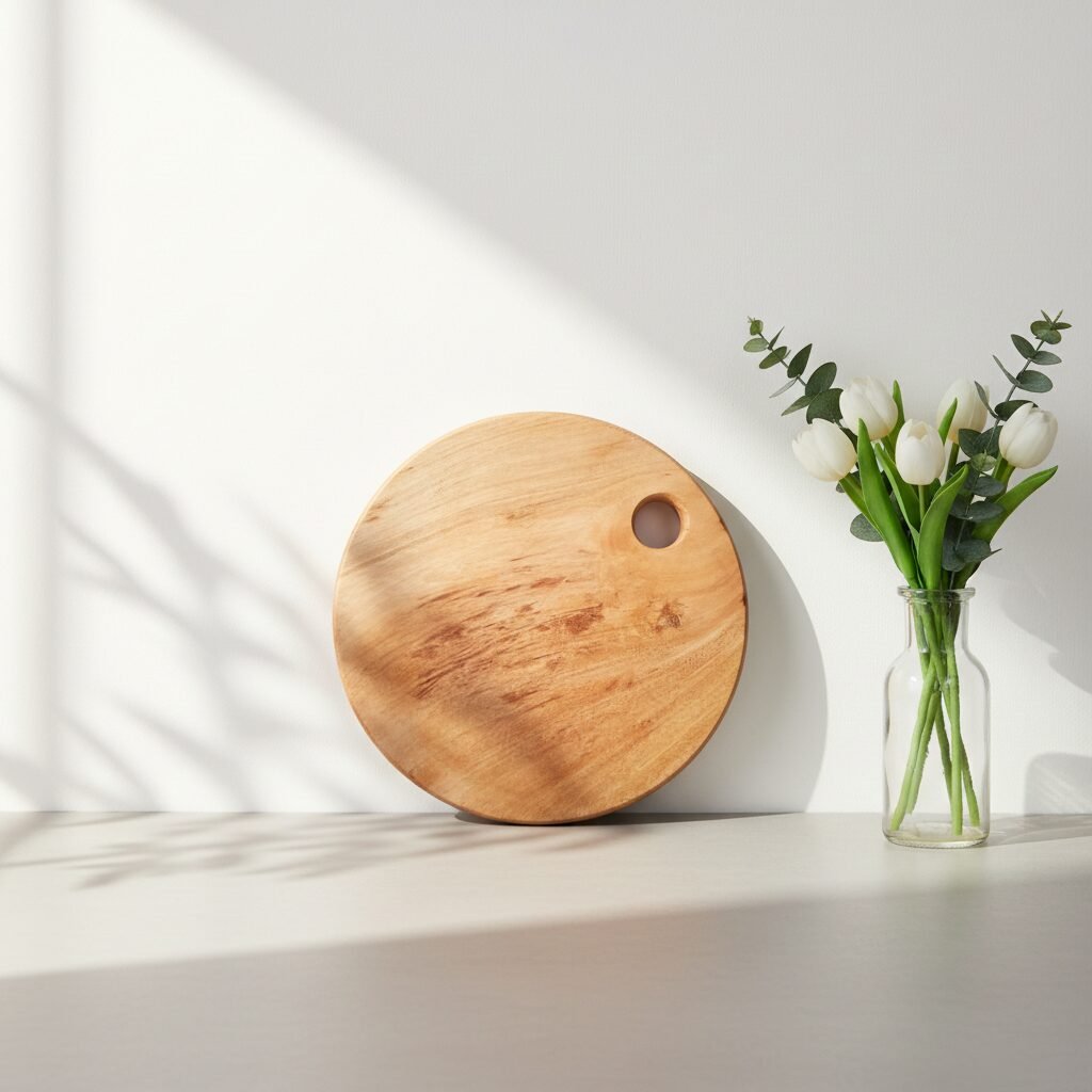 Round Wooden Cutting board and tray Amra Farms Teak Wood Thick Big Round Cutting Board with Hanging Hole Handle - Image 5