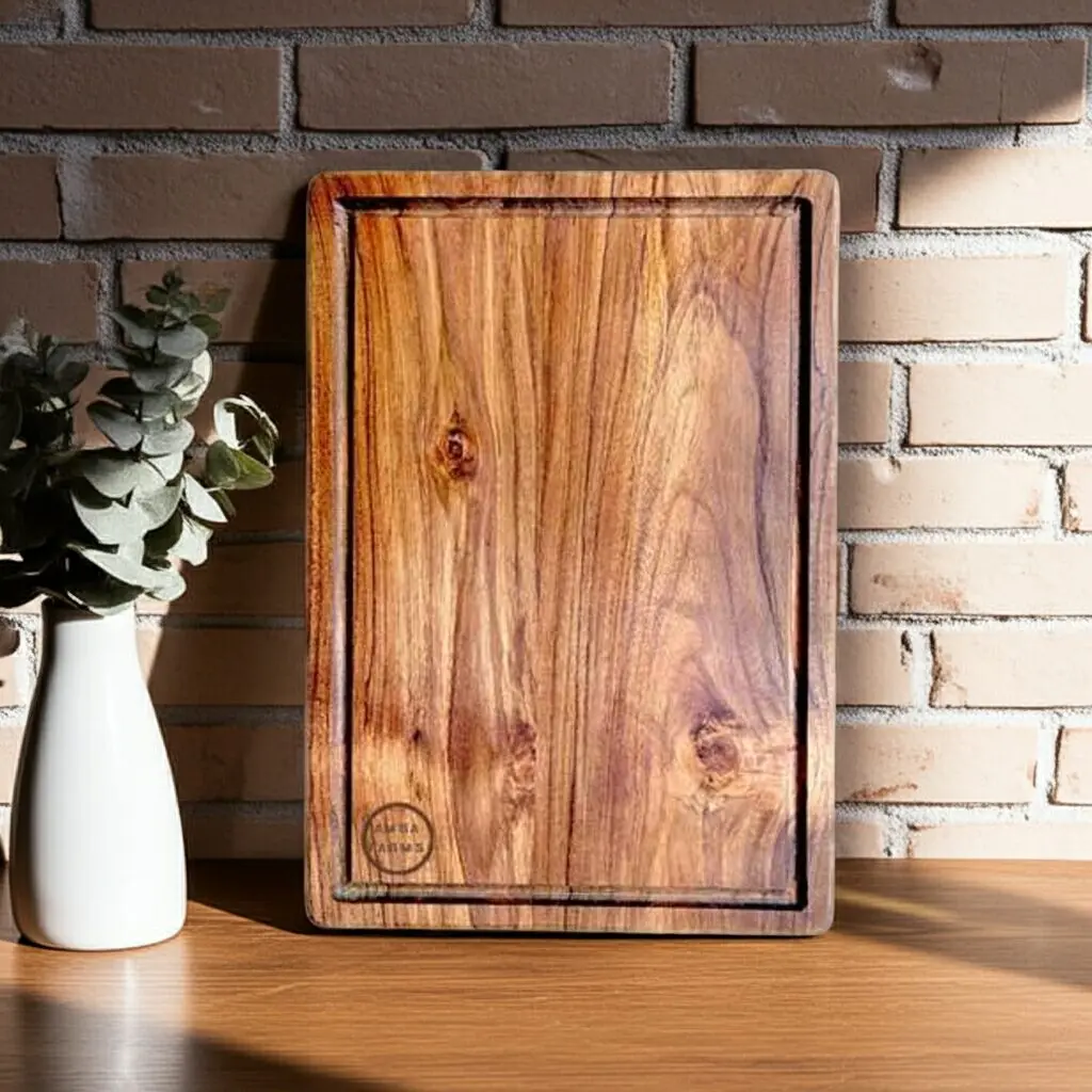 Large hardwood teak wood meat chopping board by Amra Farms, premium wooden cutting and butcher board for kitchen, meat and vegetable preparation