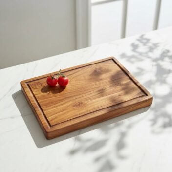 Premium large teak wood chopping board with built-in handle and deep juice grooves, heavy single-block wooden butcher board for meat and veggie prep