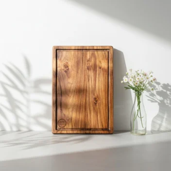 Premium large teak wood chopping board by Amra Farms with built-in handle and deep juice grooves for meat and vegetable cutting