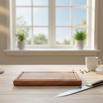 Large premium teak wood chopping board with built-in handle and juice grooves, heavy wooden butcher board for meat and vegetable preparation