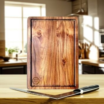 Premium large teak wood chopping board with built-in handle and juice grooves, durable wooden butcher board for meat and vegetable prep