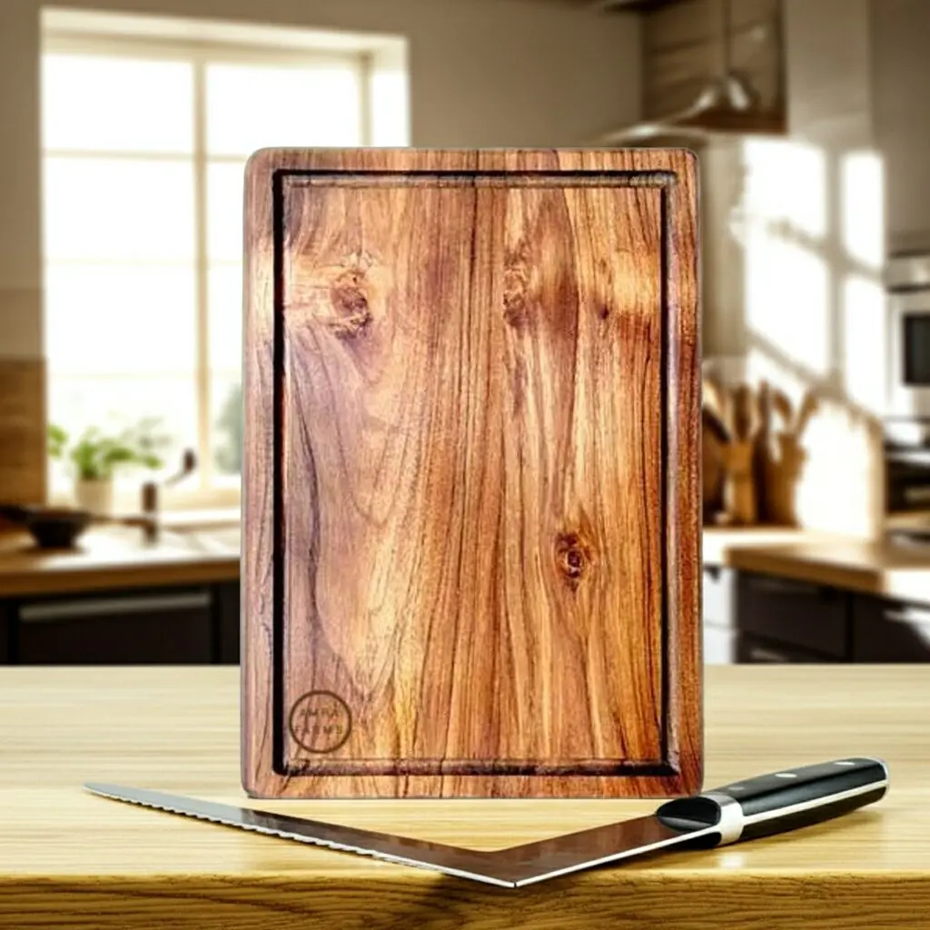 Premium large teak wood chopping board with built-in handle and juice grooves, durable wooden butcher board for meat and vegetable prep