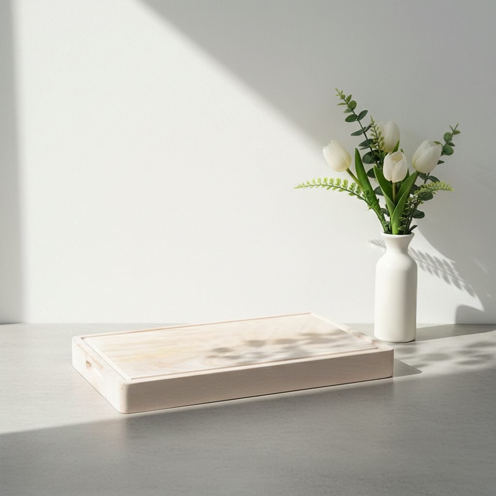 Thick mango wood chopping block on a full white background