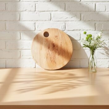 Large round wooden cutting board by Amra Farms, 13-inch diameter, 1-inch thick, with hanging hole for chopping and serving meat, vegetables, and kitchen prep