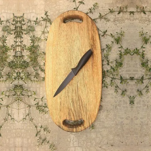 "Natural wood chopping board with kitchen knife on vintage concrete backdrop"