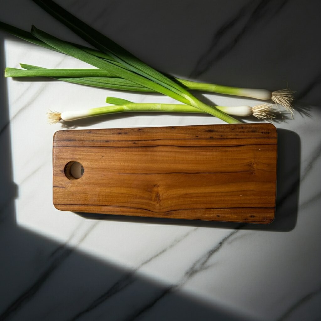 natural teak wood cutting board 14×7×0.75 inch rustic single-block chopping board with handle