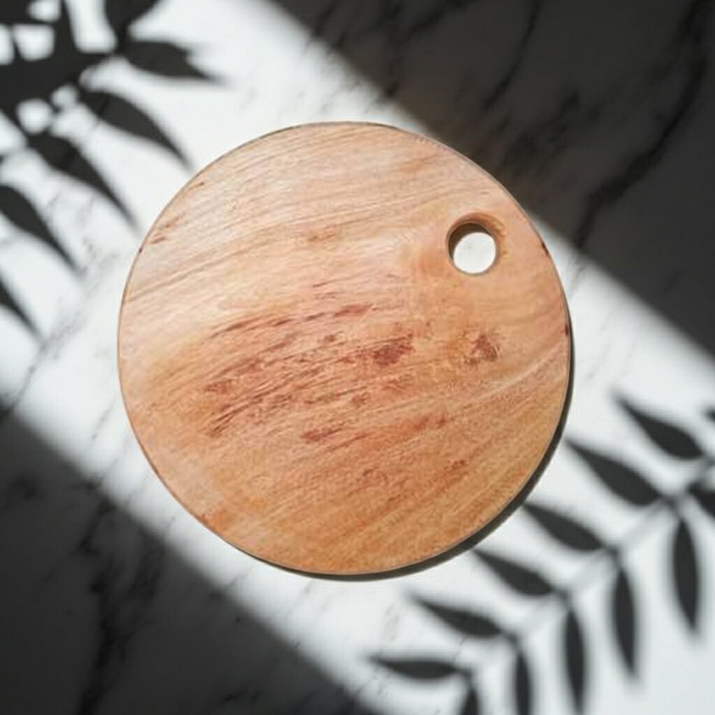 Large round jointed teak wood chopping board with natural grain