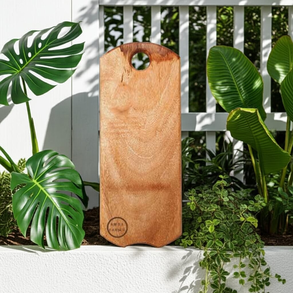 "Rustic wooden serving board with handle and space-saving hanging hole"