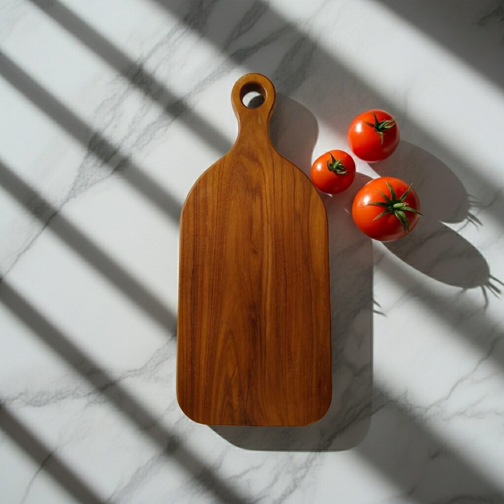 teak wood paddle-shaped cutting board 20×7×1 inch with hanging hole