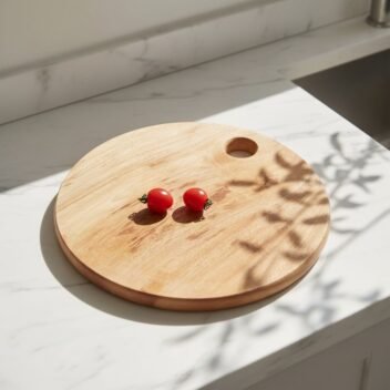 Round teak wood chopping board for kitchen food preparation