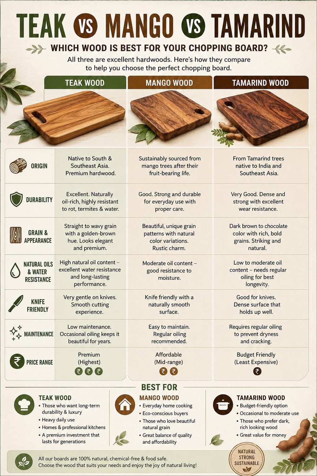 Comparison of Different Types of Wooden Cutting Boards: Teak vs Mango vs Tamarind