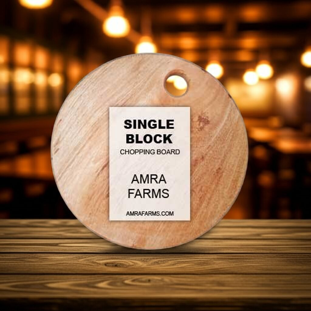 "Rustic round wooden cutting board for food prep"