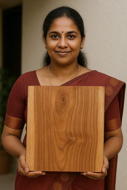 "Woman carrying square teak wood chopping board with natural grain and smooth finish"