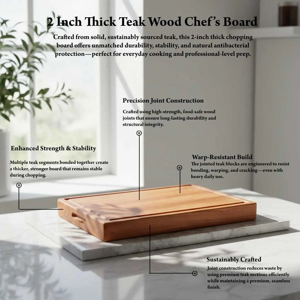 Teak Wood Chopping Board Features – Durable, Knife-Friendly, Stain-Resistant, Odor-Free Wooden Cutting Board for Vegetables, Fruits, and Meat