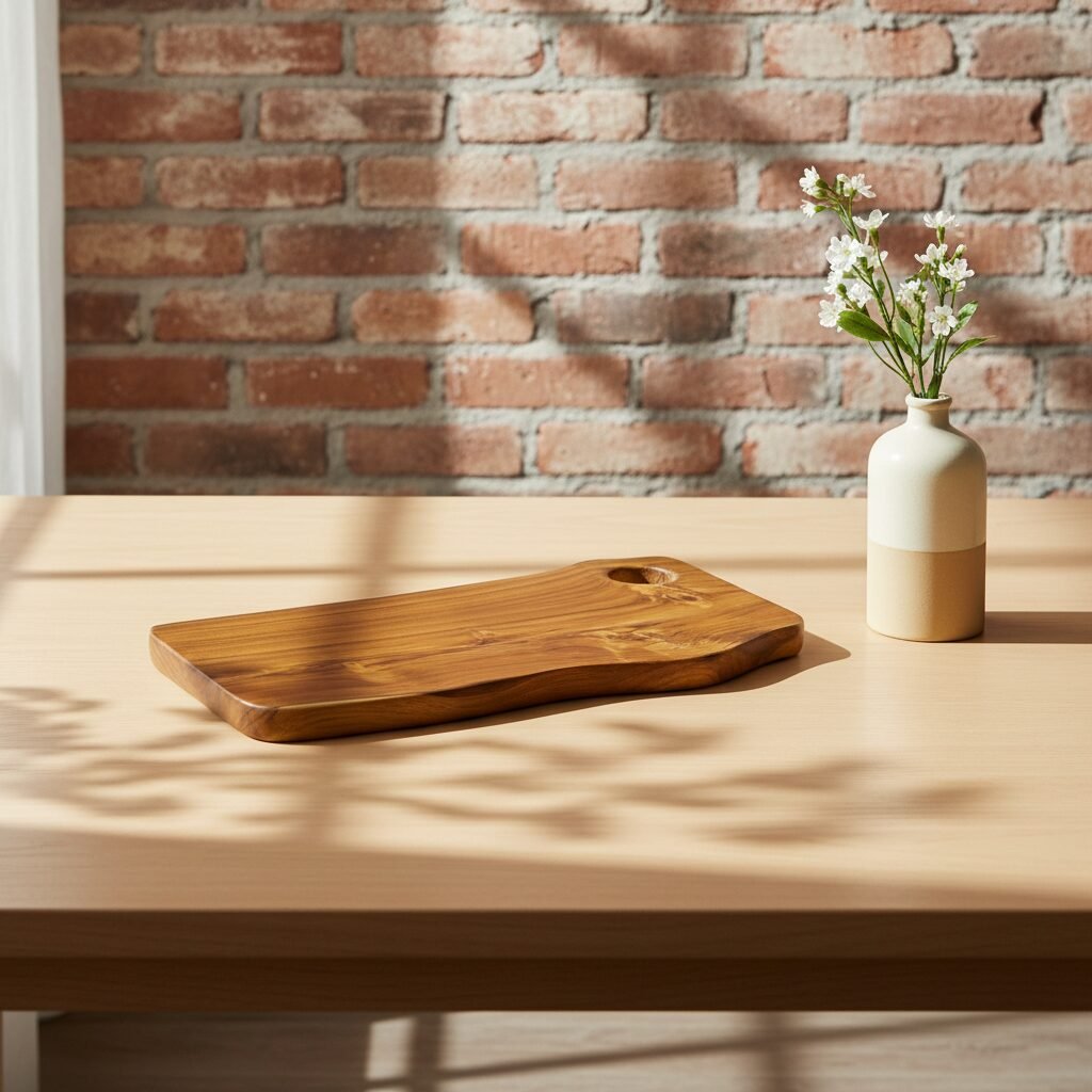 live-edge teak wood serving tray with hanging hole 14×8×1 inch single block