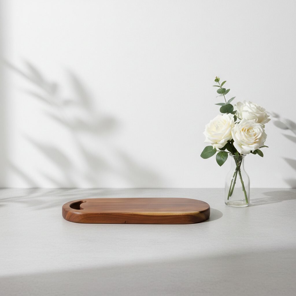 long teak wood cutting board 20×9×1 inch semi-oval cheese board with hanging hole