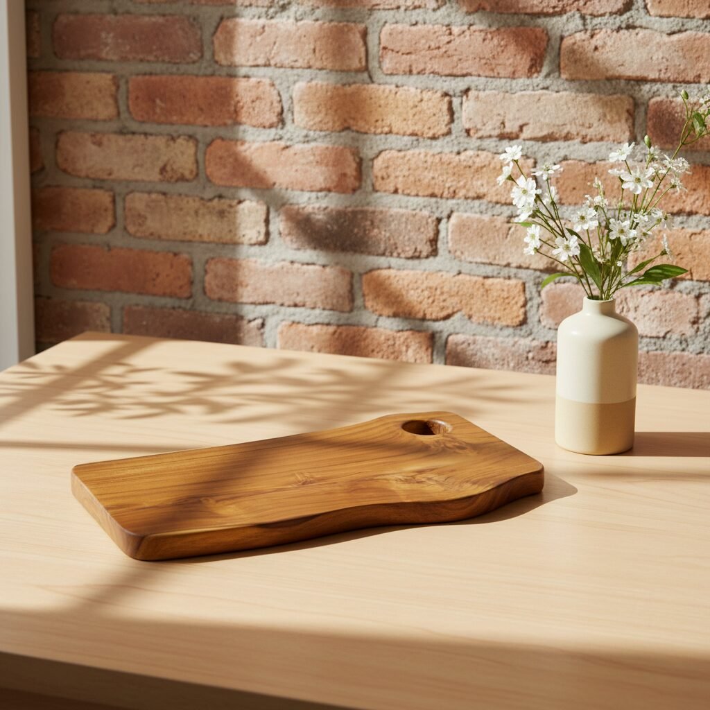 teak wood serving tray with hanging hole 14×8×1 inch live-edge single-block serving board