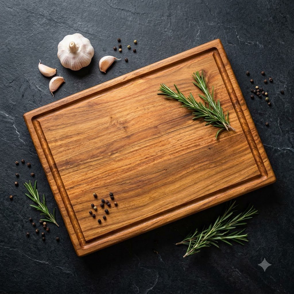 Cutting board with garlic rosemary – 2 Inch Thick Single Block Rectangular Teak Wood Chopping Board