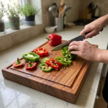 Slicing bell peppers on board – 2 Inch Thick Single Block Rectangular Teak Wood Chopping Board