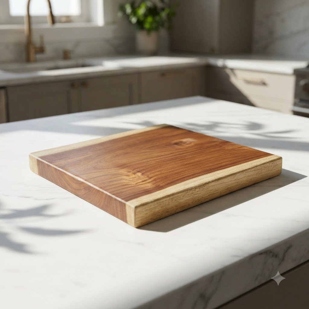 Wooden cutting board on countertop – Single Block Square Teak Wood Chopping Board