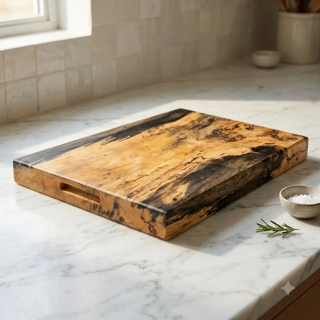 Wooden cutting board on countertop – Small Single Block Spalted Tamarind Wood Cutting Board