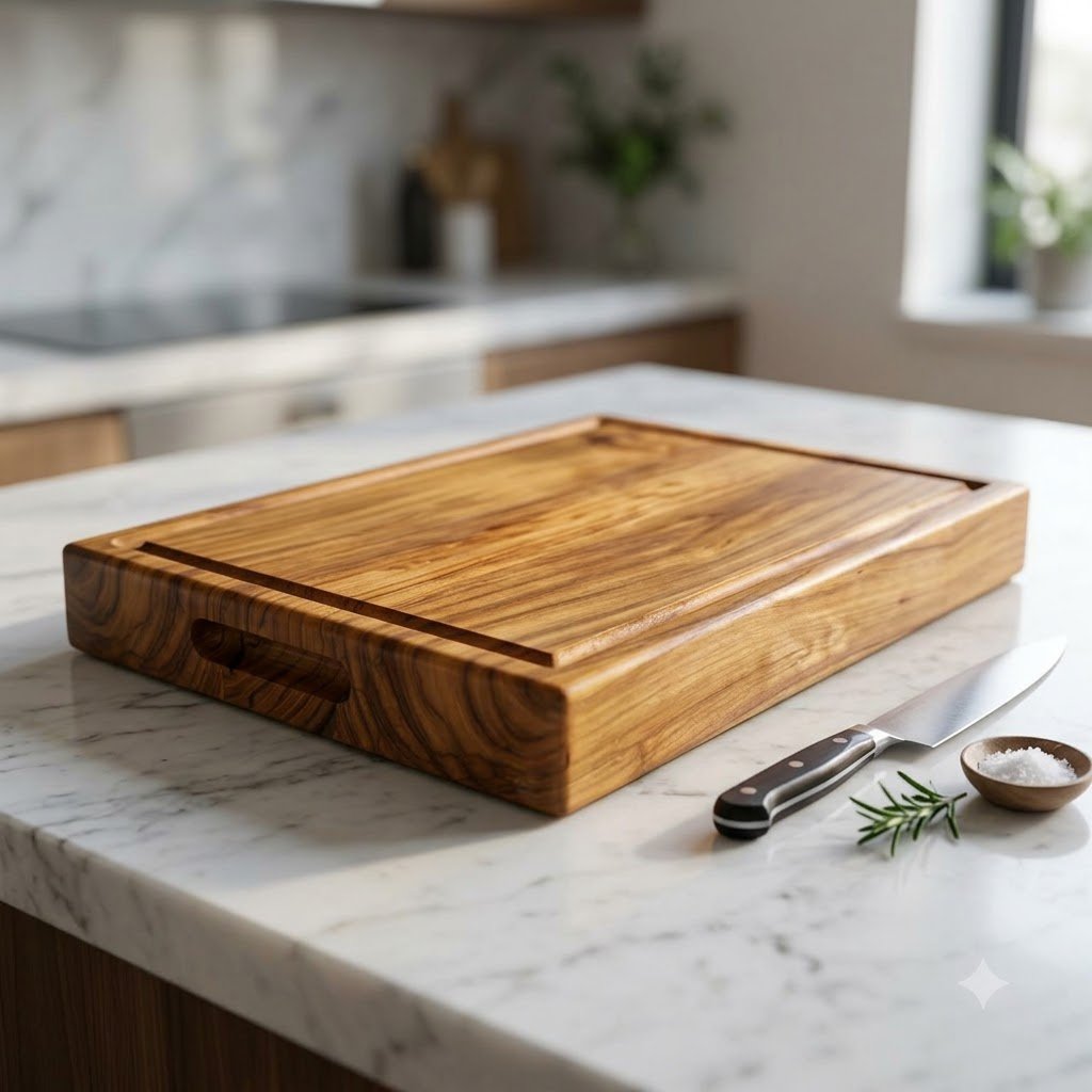 Wooden cutting board on countertop – 2 Inch Thick Rectangular Teak Wood Chopping Board