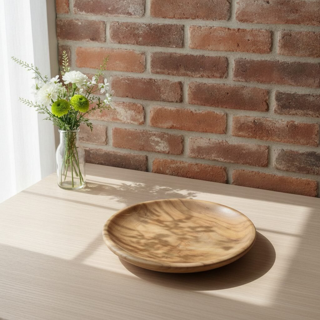 Six 9-inch teak wooden dinner plates crafted with solid single-block construction for food serving