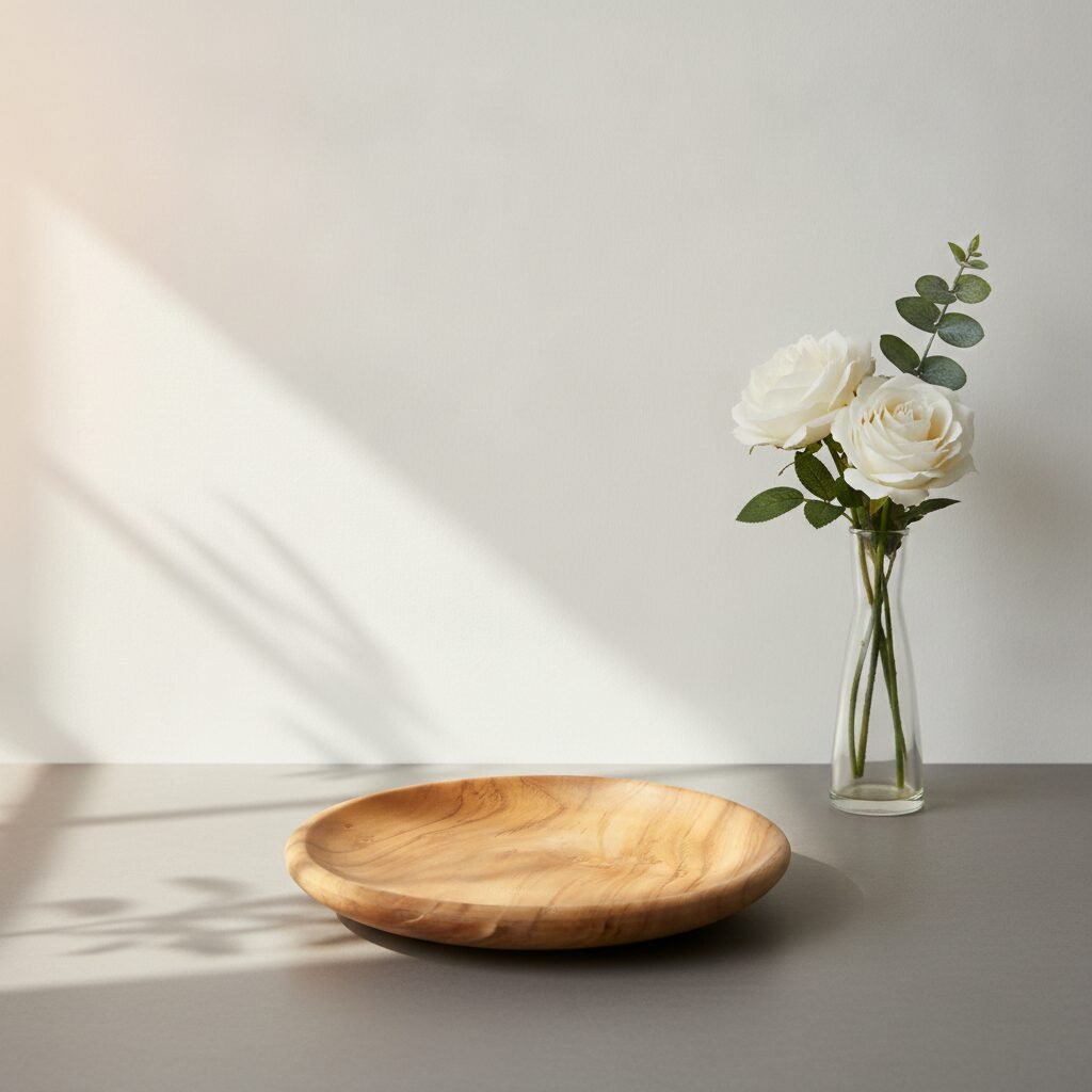 Set of six 9-inch teak wood dinner plates crafted from a single block of wood