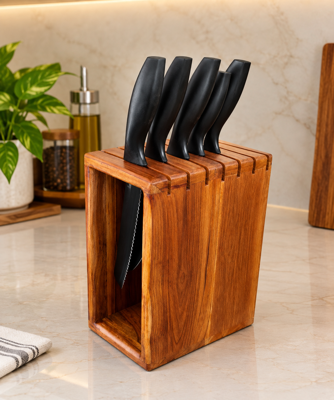 Solid Teak Wood Knife Stand | Wooden Knife Holder for Kitchen | Amra Farms - Image 1