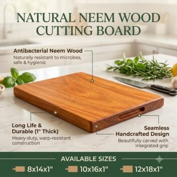 Infographic of key features of the Minimalist Neem wood Chopping board